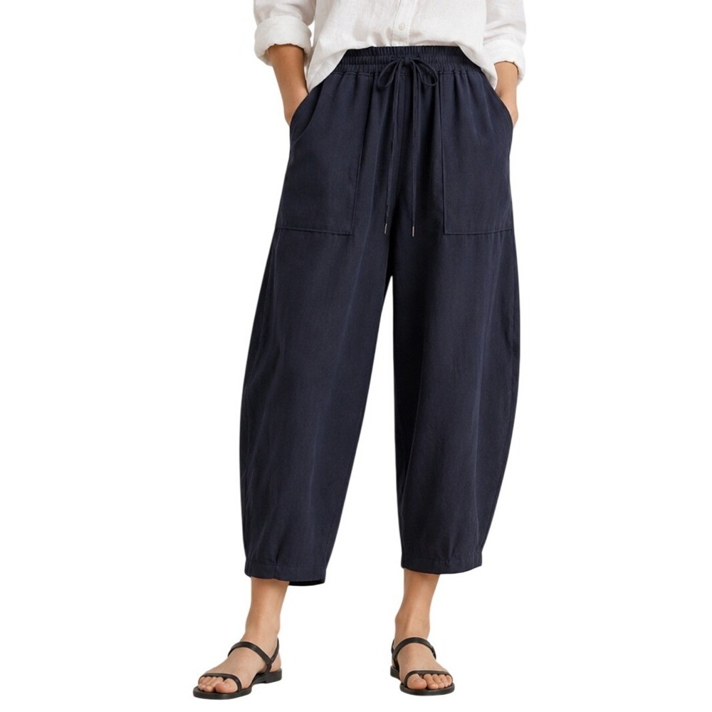Whistles Navy Barrel Leg Lantern Pants Womens 2 Drawstring Elastic Waist Cropped